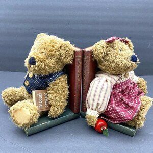 VTG Y2K Teddy Bear Bookends Books Are Fun Wooden Plush Pair Children Library 90s